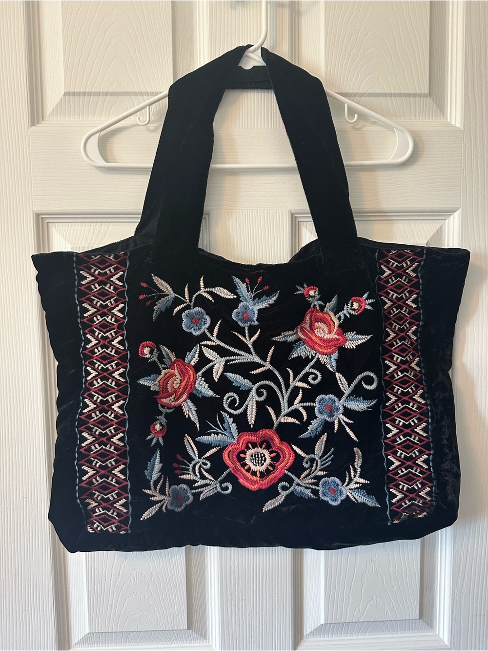 Coldwater Creek Black Velvet Embroidered Floral Tote Bag